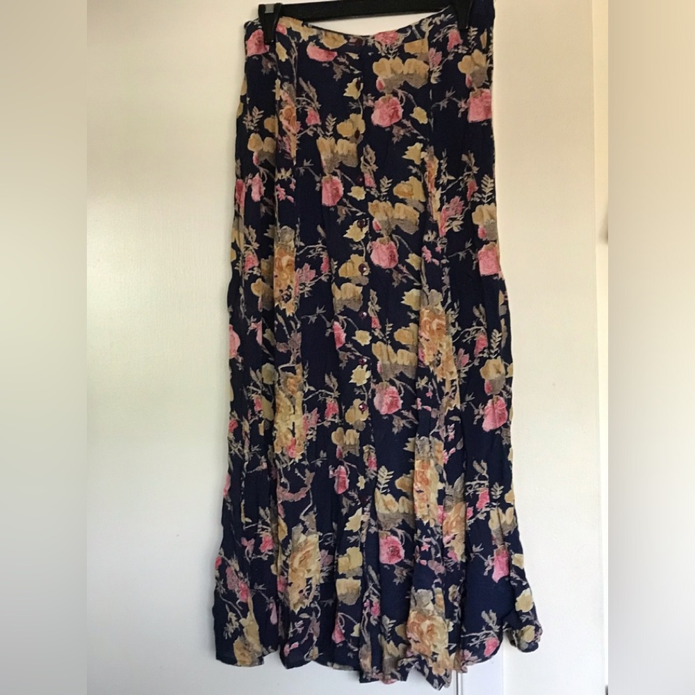 Vintage PAUL HARRIS DESIGN SIZE S Floral Maxi Skirt - Navy and Pink button down